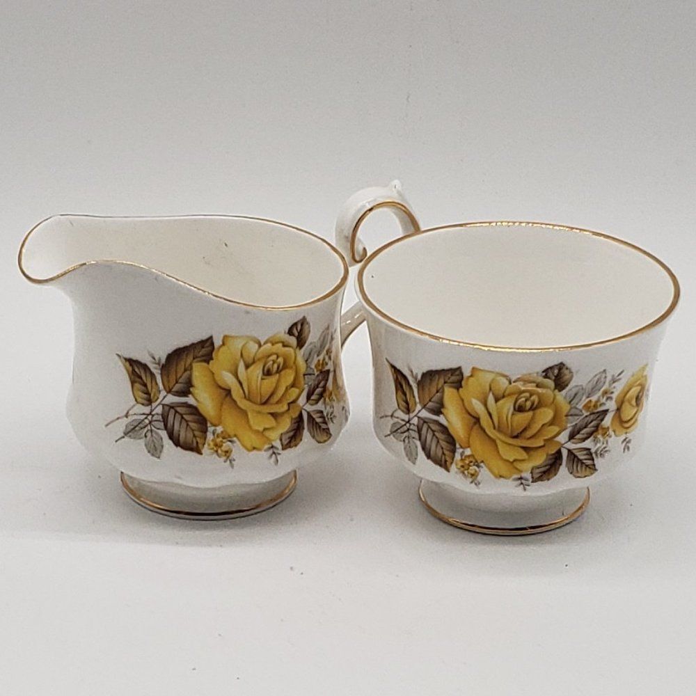 Queen Anne Vintage White Bone China Yellow Roses Ribbed Cream and Sugar Set
